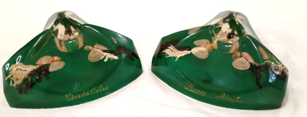 VTG Lucite Acrylic Green Shells Candle Holders Set MCM By Coles Homer AK -READ